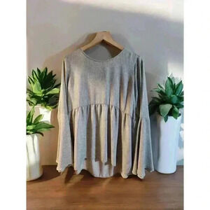 Loft Top Size Small Gray Black White Long Bell Sleeve Lightweight Blouse